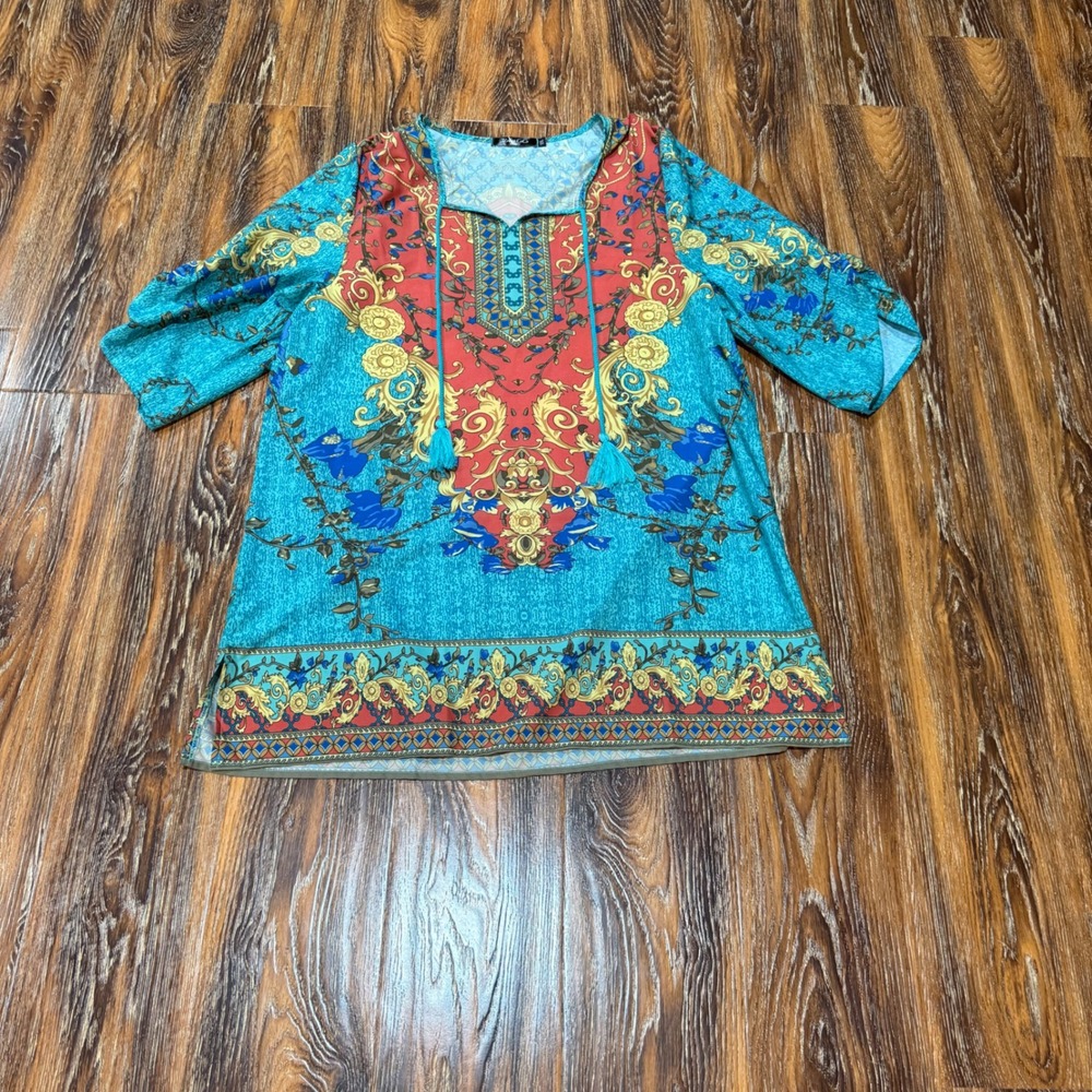 Urban CoCo Womens XXL Turquoise Red Baroque‎ Floral Tunic Top Tassel Split Neck